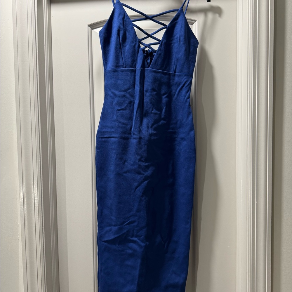 Blue Spaghetti Strap Bodycon Midi Dress
